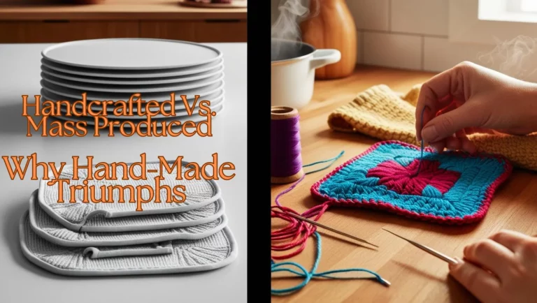 A split-screen image showcasing the contrast between handcrafted and mass-produced potholders: Left Side: A pile of uniform, machine-made potholders with generic patterns and synthetic materials (like silicone or polyester) stacked neatly on a white background. This side feels cold and impersonal, with no visible human touch. Right Side: A warm, rustic scene with a pair of hands carefully stitching or crocheting a colorful, textured cotton potholder. Surrounding the artisan’s hands are vibrant threads, a needle, and a cozy kitchen backdrop featuring wooden countertops and maybe a pot steaming on the stove. The image highlights the uniqueness of the handcrafted potholder—the visible stitching, rich colors, and texture stand out against the flat, synthetic look of the mass-produced pile.