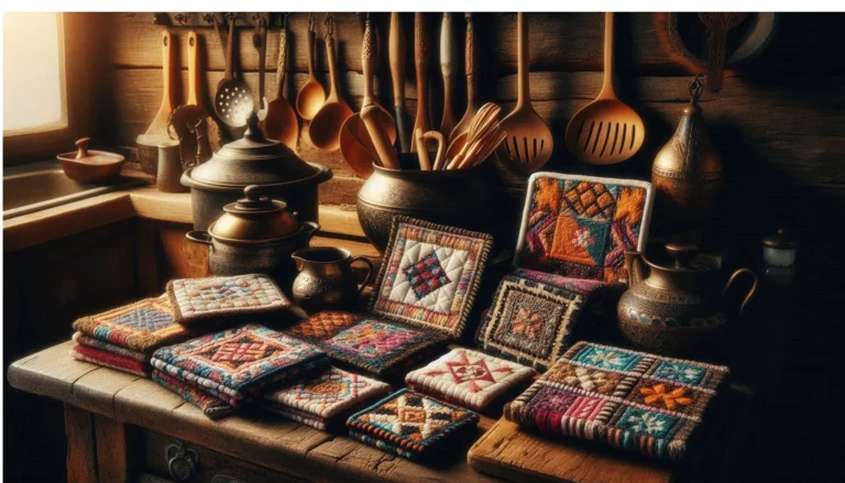 A cozy, rustic kitchen setting with a collection of handcrafted potholders displayed prominently. The potholders feature vibrant quilted patterns and intricate woven designs, evoking a sense of tradition and artistry. Surrounding them are vintage kitchen tools, worn wooden countertops, and a warm, inviting light that highlights their textures and colors. The scene captures the charm and history of these timeless kitchen staples, blending practicality with cultural creativity.